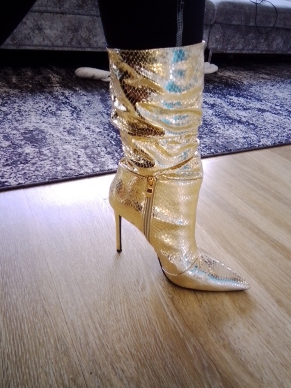 Gold Pointed Stiletto Mid-Calf Boot with Side Zip